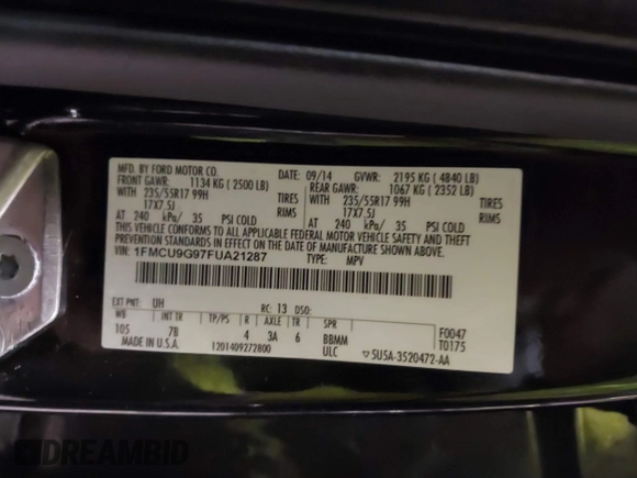 2015 Ford Escape SE with VIN 1FMCU9G97FUA21287, listed as a IAAI auction lot 41990144 with 55,036 mi miles and . Bid and sale history available at DreamBid. Image 9.