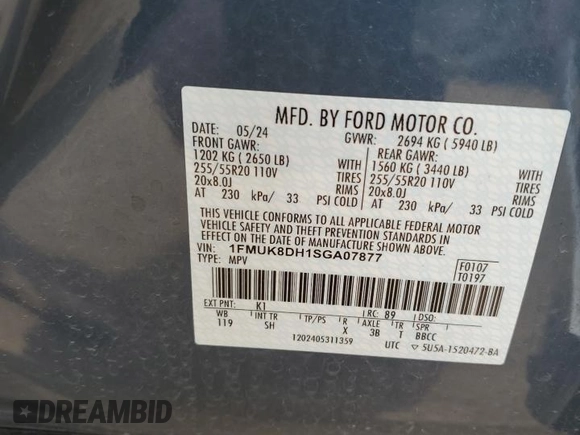 2025 Ford Explorer Active with VIN 1FMUK8DH1SGA07877, listed as a Copart auction lot 60504055 with Not provided miles and Clean title. Bid and sale history available at DreamBid. Image 12.