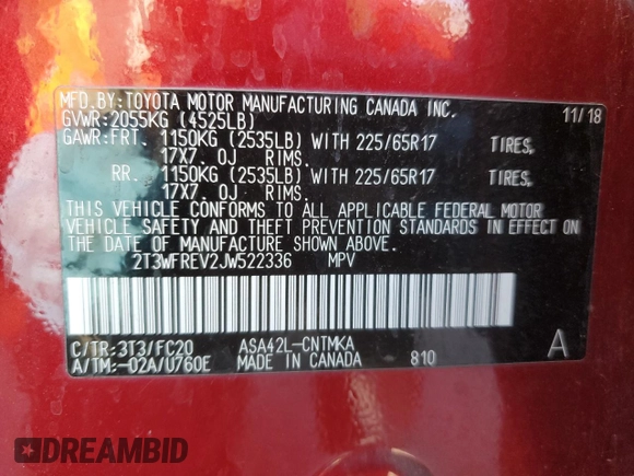 2018 Toyota RAV4 XLE with VIN 2T3WFREV2JW522336, listed as a Copart auction lot 52029405 with Not Provided miles and Salvage Title. Bid and sale history available at DreamBid. Image 14.