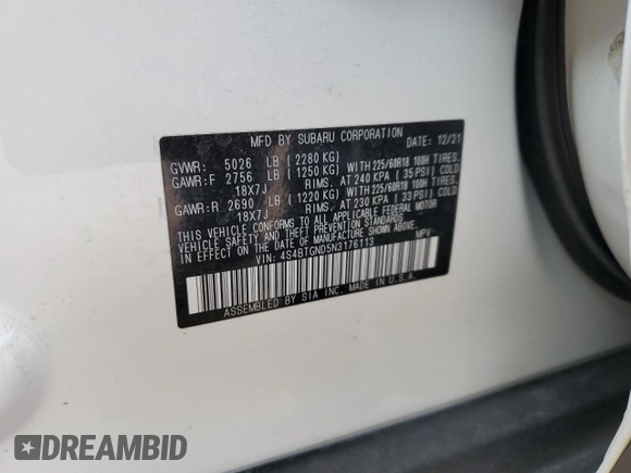 2022 Subaru Outback Limited XT with VIN 4S4BTGND5N3176113, listed as a Copart auction lot 56489845 with 36,048 mi miles and Salvage title. Bid and sale history available at DreamBid. Image 12.