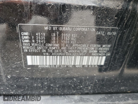 2019 Subaru Legacy Premium with VIN 4S3BNAF66K3037857, listed as a Copart auction lot 63745195 with 43,051 mi miles and Salvage title. Bid and sale history available at DreamBid. Image 12.