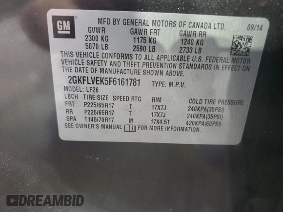 2015 GMC Terrain SLE with VIN 2GKFLVEK5F6161781, listed as a Copart auction lot 45868835 with 72,649 mi miles and Clean Title. Bid and sale history available at DreamBid. Image 13.