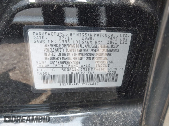 2017 Nissan Sentra S with VIN 3N1AB7AP8HY376257, listed as a IAAI auction lot 42715291 with 88,653 mi miles and . Bid and sale history available at DreamBid. Image 9.