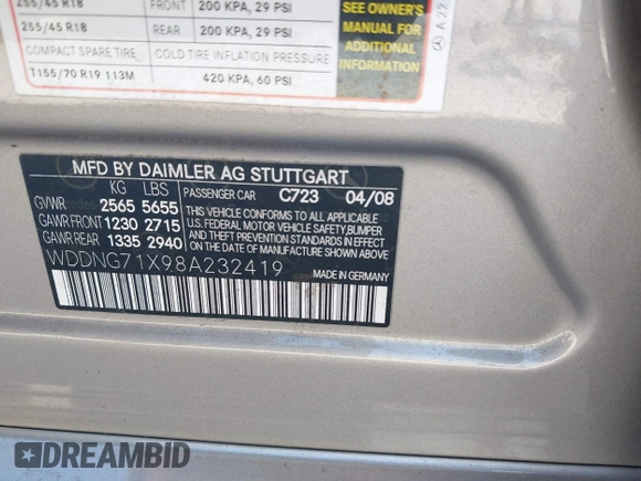 2008 Mercedes-Benz S 550 with VIN WDDNG71X98A232419, listed as a IAAI auction lot 42067244 with 140,192 mi miles and . Bid and sale history available at DreamBid. Image 9.