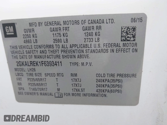 2015 GMC Terrain SLE z VIN 2GKALREK1F6393411, wystawiony jako IAAI lot #42380107 z przebiegiem 111 758 mil mil oraz . Historia ofert i sprzedaży dostępna na DreamBid. Obrazek 9.