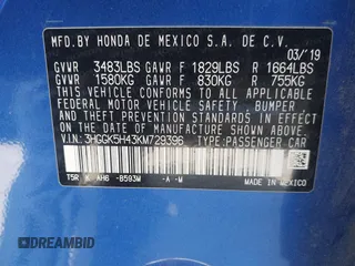 2019 Honda Fit LX with VIN 3HGGK5H43KM729396, listed as a IAAI auction lot 41992981 with 92,922 mi miles. Bid and sale history available at carsss.com. Image 9.