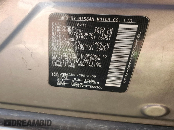 2012 Infiniti QX56 7-passenger z VIN JN8AZ2NE7C9015769, wystawiony jako IAAI lot #41886388 z przebiegiem 164 342 mil mil oraz . Historia ofert i sprzedaży dostępna na DreamBid. Obrazek 9.