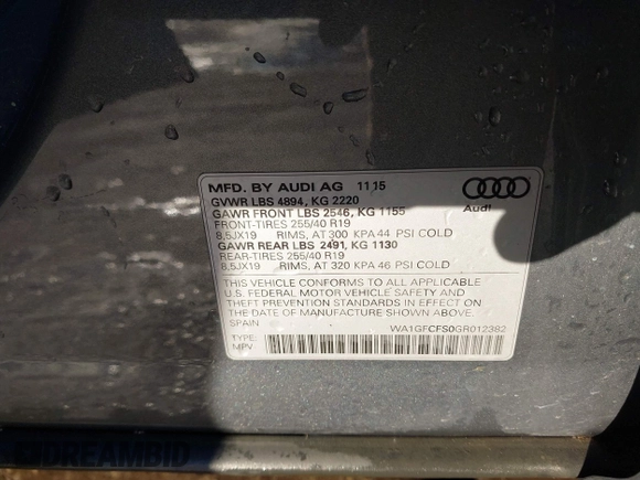2016 Audi Q3 Prestige with VIN WA1GFCFS0GR012382, listed as a IAAI auction lot 41593921 with 64,019 mi miles and . Bid and sale history available at DreamBid. Image 9.