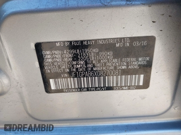 2016 Subaru Impreza Premium с VIN JF1GPAB6XG8270081, выставлен на аукционе IAAI как лот 41773689 с пробегом 131 493 миль миль и . История ставок и продаж доступна на DreamBid. Изображение 9.