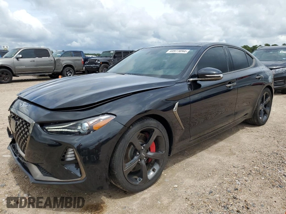 2021 Genesis G70 3.3T with VIN KMTG34LE4MU074106, listed as a Copart auction lot 69973094 with 45,812 mi miles and Salvage Title. Bid and sale history available at carsss.com. Image 1.