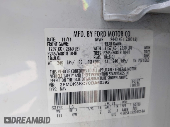 2012 Ford Edge Limited with VIN 2FMDK3KC7CBA60392, listed as a IAAI auction lot 41909765 with 97,331 mi miles. Bid and sale history available at carsss.com. Image 9.
