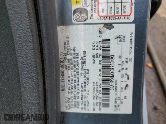 2012 Ford Fusion SE with VIN 3FAHP0HAXCR253493, listed as a Copart auction lot 63565455 with 126,582 mi miles and Salvage title. Bid and sale history available at DreamBid. Image 13.