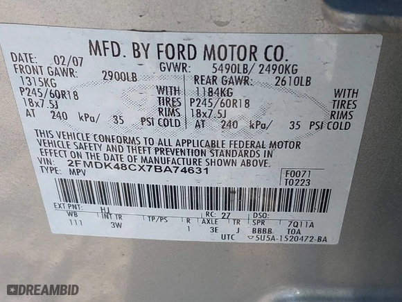 2007 Ford Edge SEL with VIN 2FMDK48CX7BA74631, listed as a IAAI auction lot 40545931 with 197,327 mi miles. Bid and sale history available at carsss.com. Image 9.