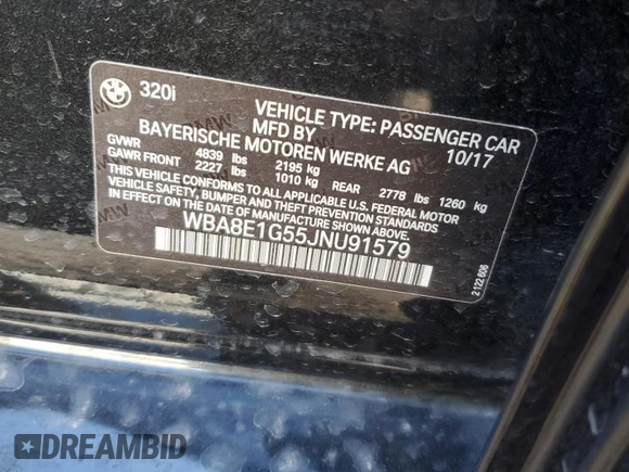 2018 BMW 3 Series 320i with VIN WBA8E1G55JNU91579, listed as a Copart auction lot 83793104 with 66,218 mi miles and Salvage Title. Bid and sale history available at carsss.com. Image 12.