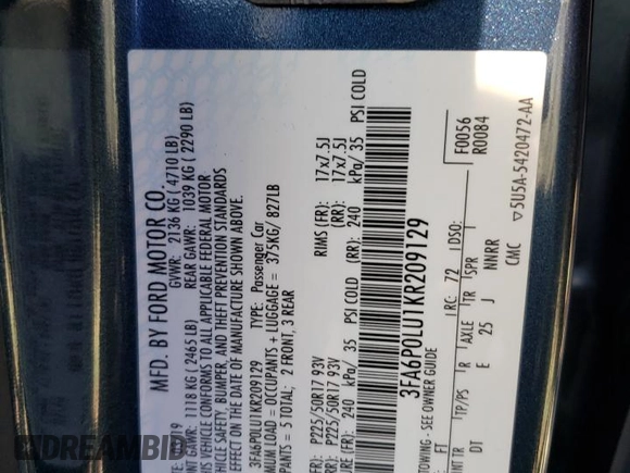2019 Ford Fusion Hybrid SE with VIN 3FA6P0LU1KR209129, listed as a Copart auction lot 42766403 with 67,949 mi miles. Bid and sale history available at carsss.com. Image 12.