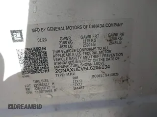2020 Chevrolet Equinox LT with VIN 2GNAXUEV5L6205134, listed as a IAAI auction lot 41749085 with 82,549 mi miles and . Bid and sale history available at DreamBid. Image 9.