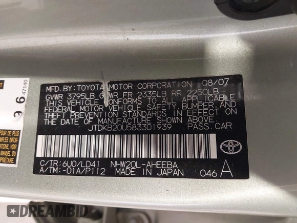 2008 Toyota Prius with VIN JTDKB20U583301939, listed as a IAAI auction lot 41667468 with 104,054 mi miles. Bid and sale history available at carsss.com. Image 9.