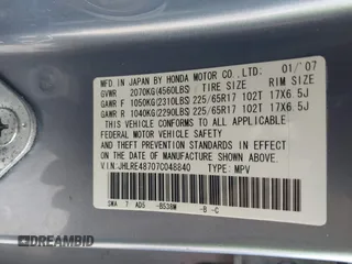 2007 Honda CR-V EX-L with VIN JHLRE48707C048840, listed as a IAAI auction lot 42180511 with 122,967 mi miles and . Bid and sale history available at carsss.com. Image 9.