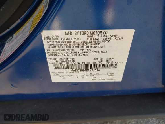 2019 Ford EcoSport SE z VIN MAJ3S2GE4KC297916, wystawiony jako IAAI lot #42114032 z przebiegiem Nie podano mil oraz . Historia ofert i sprzedaży dostępna na DreamBid. Obrazek 9.