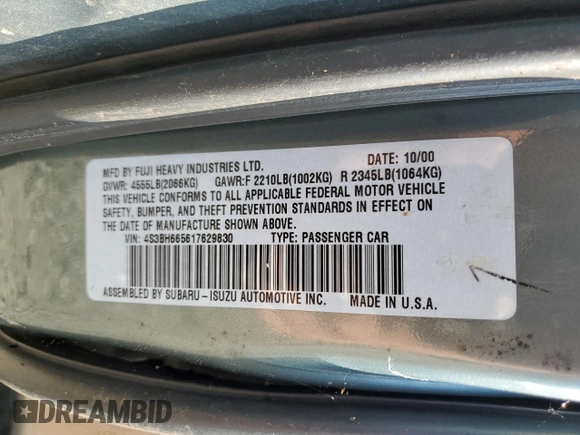 2001 Subaru Legacy Outback z VIN 4S3BH665617629830, wystawiony jako Copart lot #87467084 z przebiegiem 187 309 mil mil oraz Szkoda całkowita • Salvage title. Historia ofert i sprzedaży dostępna na DreamBid. Obrazek 12.