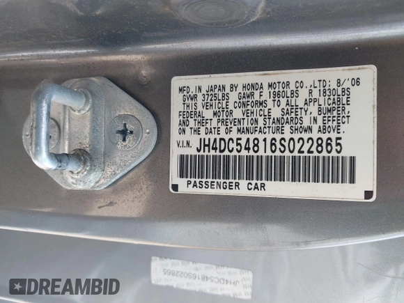 2006 Acura RSX с VIN JH4DC54816S022865, выставлен на аукционе IAAI как лот 42565966 с пробегом Не указан миль и . История ставок и продаж доступна на DreamBid. Изображение 9.