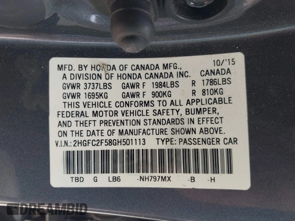 2016 Honda Civic Sedan LX with VIN 2HGFC2F58GH501113, listed as a IAAI auction lot 41826725 with 115,121 mi miles. Bid and sale history available at carsss.com. Image 9.