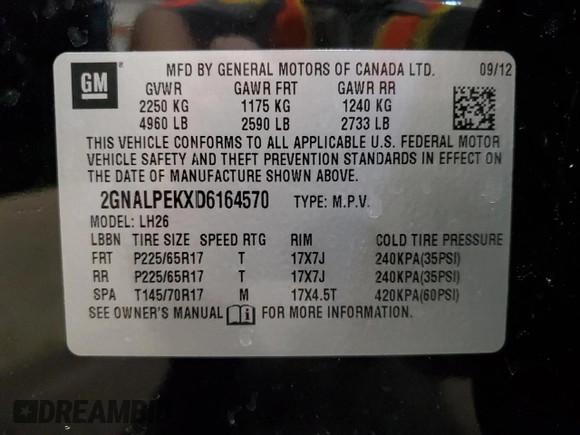 2013 Chevrolet Equinox LT with VIN 2GNALPEKXD6164570, listed as a Copart auction lot 50304415 with 254,882 mi miles and Salvage Title. Bid and sale history available at DreamBid. Image 13.