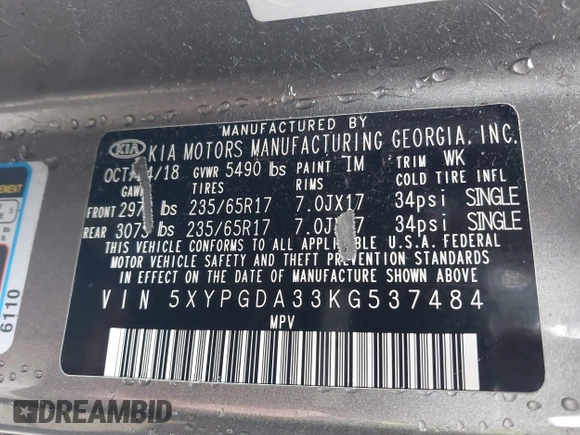 2019 Kia Sorento LX z VIN 5XYPGDA33KG537484, wystawiony jako IAAI lot #41441778 z przebiegiem 99 170 mil mil oraz . Historia ofert i sprzedaży dostępna na DreamBid. Obrazek 9.