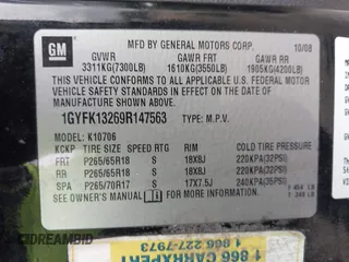 2009 Cadillac Escalade z VIN 1GYFK13269R147563, wystawiony jako IAAI lot #41462689 z przebiegiem 210 095 mil mil oraz . Historia ofert i sprzedaży dostępna na DreamBid. Obrazek 9.