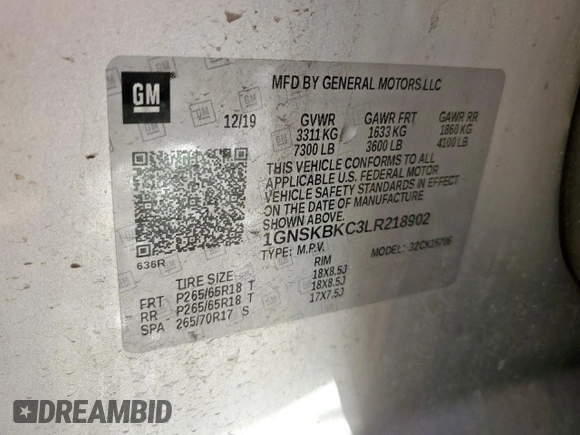 2020 Chevrolet Tahoe LT with VIN 1GNSKBKC3LR218902, listed as a Copart auction lot 59099105 with 80,399 mi miles and Clean title. Bid and sale history available at DreamBid. Image 13.