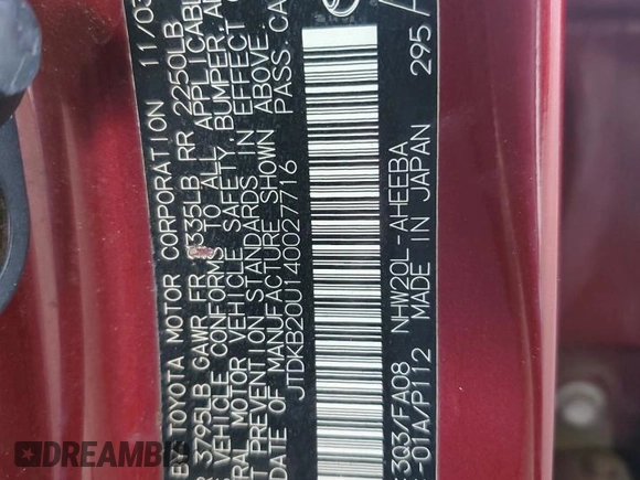 2004 Toyota Prius with VIN JTDKB20U140027716, listed as a Copart auction lot 47860595 with 248,399 mi miles and Salvage Title. Bid and sale history available at DreamBid. Image 12.