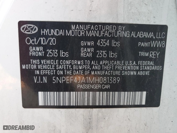 2021 Hyundai Sonata SEL with VIN 5NPEF4JA1MH081389, listed as a Copart auction lot 48718175 with 70,796 mi miles and Salvage Title. Bid and sale history available at carsss.com. Image 12.