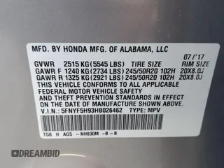 2017 Honda Pilot Touring with VIN 5FNYF5H93HB026462, listed as a Copart auction lot 49866845 with 80,328 mi miles and Salvage Title. Bid and sale history available at carsss.com. Image 15.