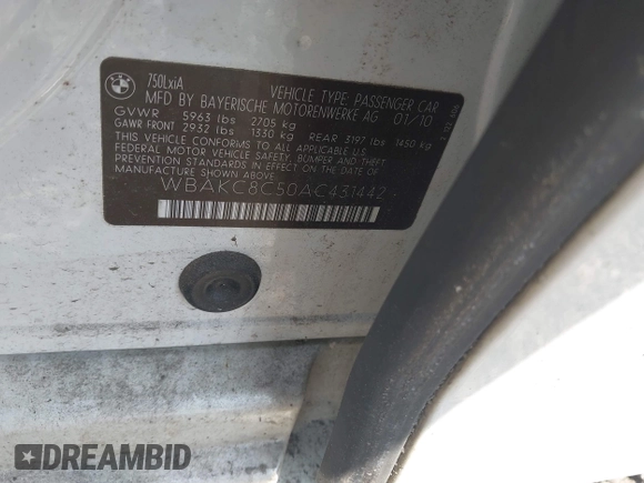2010 BMW 7 Series 750Li xDrive with VIN WBAKC8C50AC431442, listed as a IAAI auction lot 42566663 with Not provided miles and . Bid and sale history available at DreamBid. Image 9.