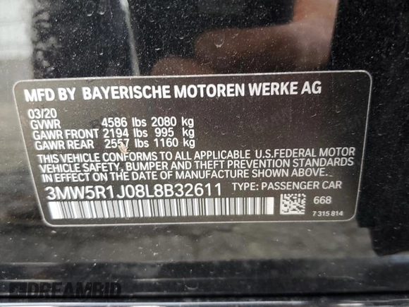 2020 BMW 3 Series 330i with VIN 3MW5R1J08L8B32611, listed as a Copart auction lot 50619825 with 22,277 mi miles and Salvage Title. Bid and sale history available at carsss.com. Image 13.