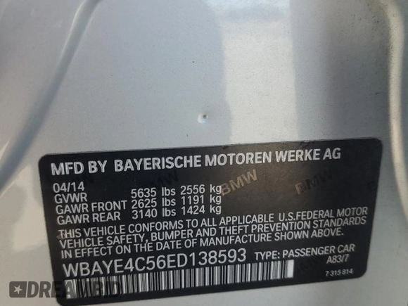 2014 BMW 7 Series 740Li with VIN WBAYE4C56ED138593, listed as a Copart auction lot 82010534 with 88,393 mi miles and Salvage Title. Bid and sale history available at carsss.com. Image 12.