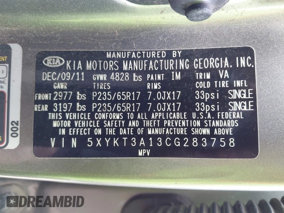 2012 Kia Sorento LX with VIN 5XYKT3A13CG283758, listed as a IAAI auction lot 41869331 with 192,187 mi miles. Bid and sale history available at carsss.com. Image 9.