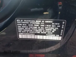 2016 Volkswagen Passat SE with VIN 1VWBT7A30GC049027, listed as a IAAI auction lot 41878460 with 125,261 mi miles and . Bid and sale history available at DreamBid. Image 9.