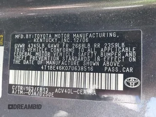 2007 Toyota Camry CE with VIN 4T1BE46K07U638516, listed as a IAAI auction lot 42128391 with 168,649 mi miles. Bid and sale history available at carsss.com. Image 9.