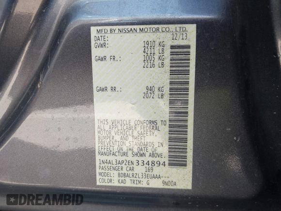 2014 Nissan Altima S with VIN 1N4AL3AP2EN334894, listed as a IAAI auction lot 41761285 with 138,636 mi miles and . Bid and sale history available at carsss.com. Image 9.