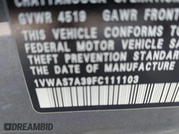 2015 Volkswagen Passat Limited Edition with VIN 1VWAS7A39FC111103, listed as a IAAI auction lot 42080439 with 121,634 mi miles and . Bid and sale history available at DreamBid. Image 9.