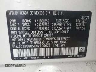 2022 Honda HR-V EX with VIN 3CZRU6H5XNM706079, listed as a Copart auction lot 42371655 with 0 mi miles and Non Repairable. Bid and sale history available at carsss.com. Image 13.