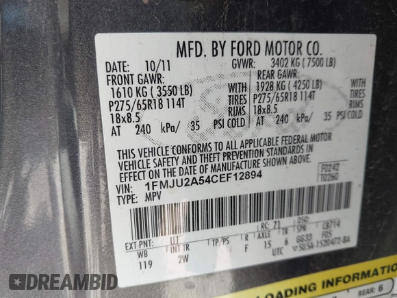 2012 Ford Expedition Limited with VIN 1FMJU2A54CEF12894, listed as a IAAI auction lot 42232587 with 222,075 mi miles and . Bid and sale history available at DreamBid. Image 9.
