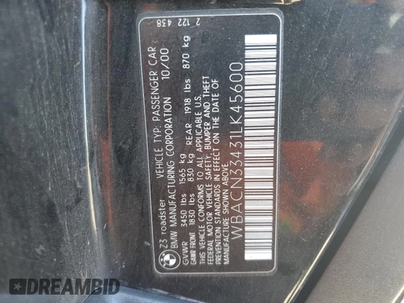 2001 BMW Z3 2.5 z VIN WBACN33431LK45600, wystawiony jako Copart lot #77857924 z przebiegiem 127 272 mil mil oraz Szkoda całkowita • Salvage title. Historia ofert i sprzedaży dostępna na DreamBid. Obrazek 12.