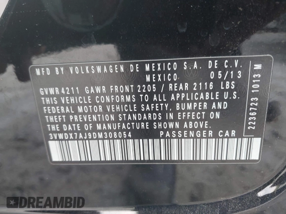 2013 Volkswagen Jetta SE with VIN 3VWDX7AJ9DM308054, listed as a IAAI auction lot 41726950 with 219,711 mi miles and . Bid and sale history available at DreamBid. Image 9.