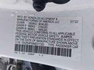 2022 Honda Insight Touring with VIN 19XZE4F99NE017352, listed as a IAAI auction lot 41355664 with 97,865 mi miles and . Bid and sale history available at DreamBid. Image 9.