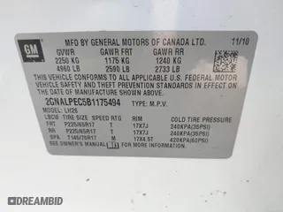 2011 Chevrolet Equinox LT w/2LT with VIN 2GNALPEC5B1175494, listed as a IAAI auction lot 41905154 with 123,769 mi miles. Bid and sale history available at carsss.com. Image 9.