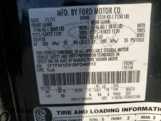 2011 Ford F-150 Lariat with VIN 1FTFW1E61BFD40513, listed as a Copart auction lot 46020075 with 0 mi miles and Clean Title. Bid and sale history available at carsss.com. Image 12.