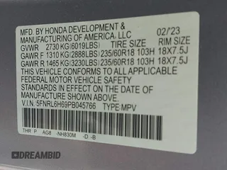 2023 Honda Odyssey EX-L with VIN 5FNRL6H69PB045766, listed as a IAAI auction lot 41819744 with 30,343 mi miles. Bid and sale history available at carsss.com. Image 9.