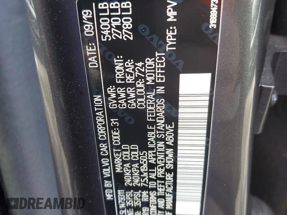 2020 Volvo XC60 Inscription z VIN YV4A22RL5L1479311, wystawiony jako Copart lot #51521465 z przebiegiem 41 234 mil mil oraz Szkoda całkowita • Salvage title. Historia ofert i sprzedaży dostępna na DreamBid. Obrazek 13.